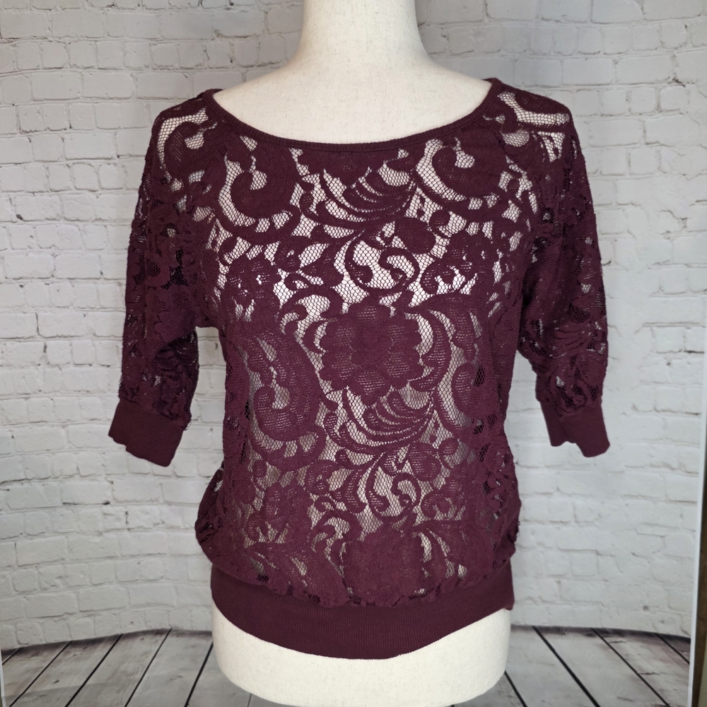 Eyeshadow‎ Burgundy Floral Lace Sheer Blouse Top Boho Wine Maroon 3/4 Sleeve L